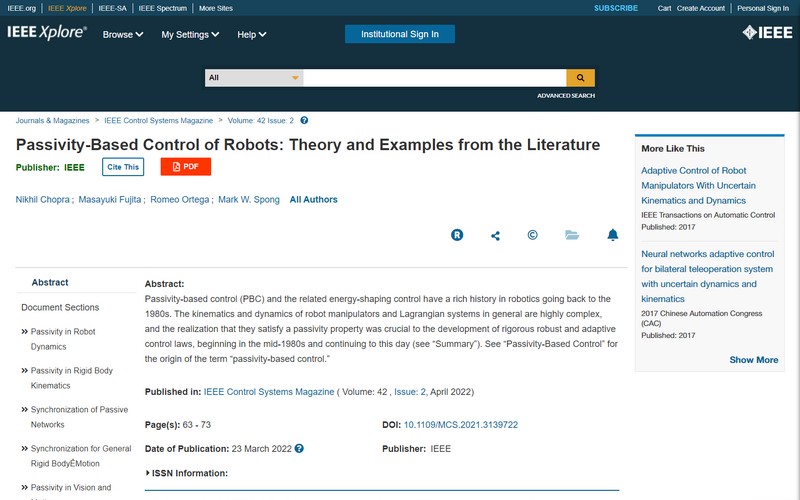 Passivity-based control of robots: theory and examples from the literature