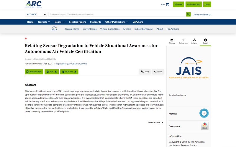 Relating sensor degradation to vehicle situational awareness for autonomous air vehicle certification