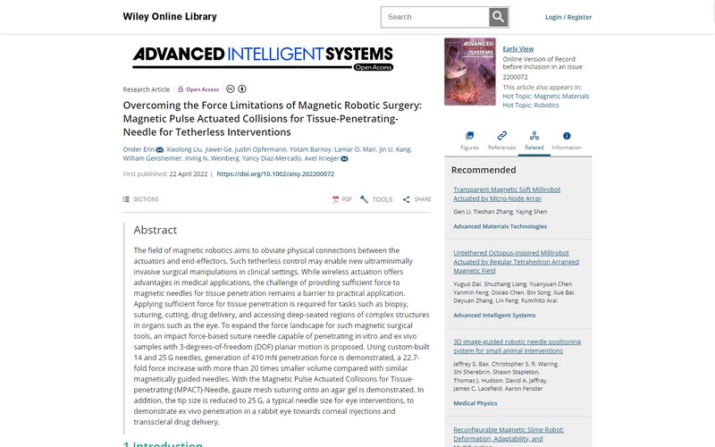 Overcoming the force limitations of magnetic robotic surgery: magnetic pulse actuated collisions for tissue-penetrating-needle for tetherless interventions