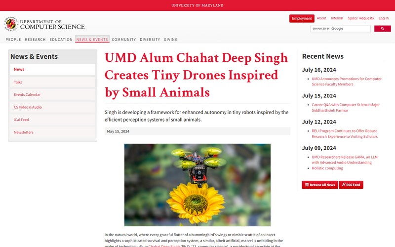 UMD alum Chahat Deep Singh creates tiny drones inspired by small animals
